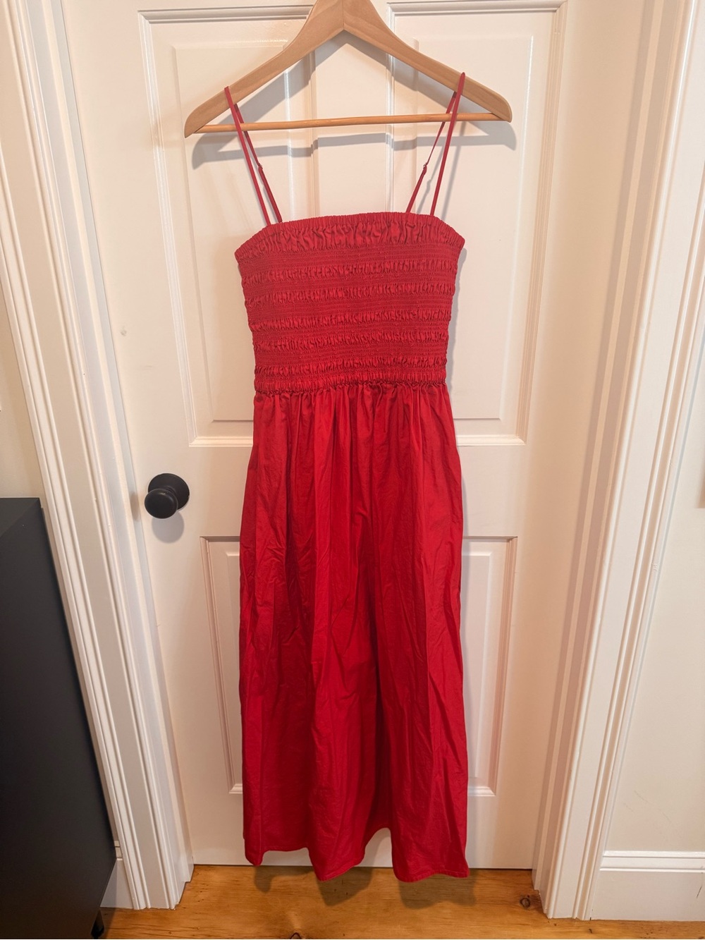 Faherty Red Smocked Midi Dress with Spaghetti Straps